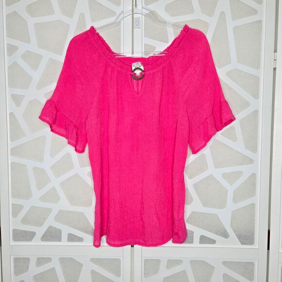Late August Pink 1/2 Sleeve Peasant Sheer Blouse Top Womens SZ LG Renaissance - Picture 2 of 6